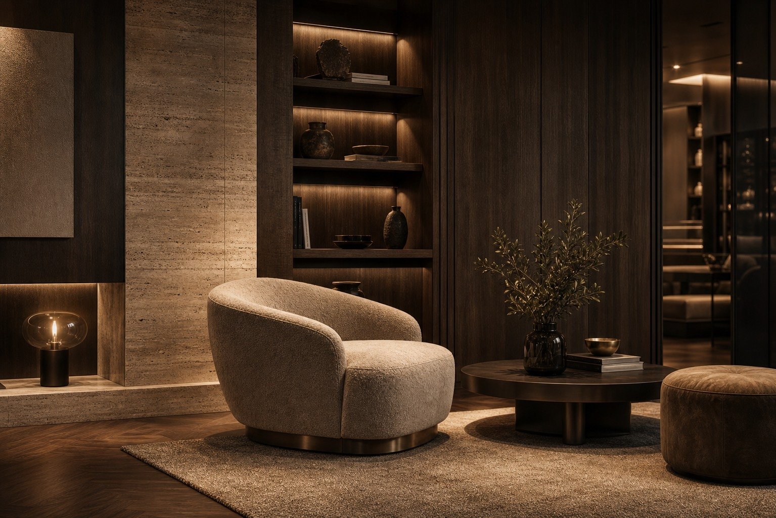 Material palette and seating vignette for interior design concept